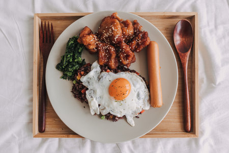 Homemade American Fried Rice popular Thai food of Fried rice with egg and sausage.の写真素材