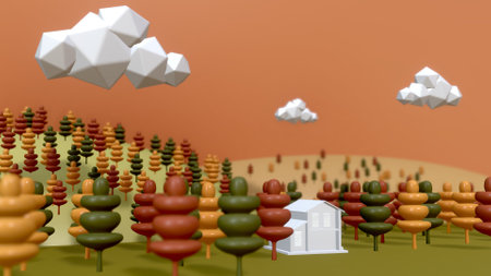 Graphic 3D rendering of house in the wood of autumn season with orange sky.の写真素材