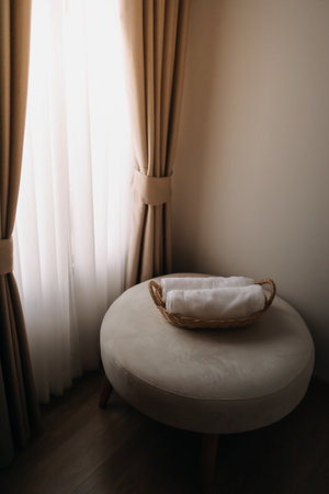 Neatly rolled towels in the basket of a hotel room.の写真素材