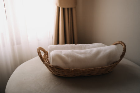 Neatly rolled towels in the basket of a hotel room.の写真素材