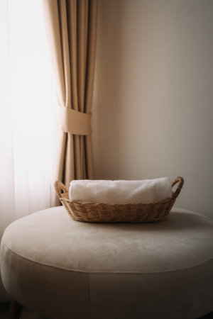 Neatly rolled towels in the basket of a hotel room.の写真素材