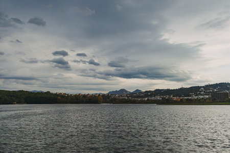 Landscape lake view in autumn. Artificial Lake of Tirana, Albania.の写真素材
