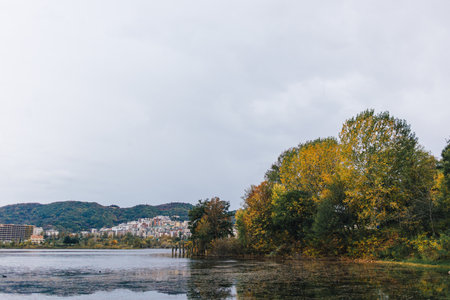 Landscape lake view in autumn. Artificial Lake of Tirana, Albania.の写真素材