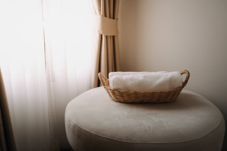 Neatly rolled towels in the basket of a hotel room.の写真素材