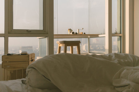 Moody warm morning in minimal bedroom apartment.の写真素材