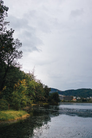 Landscape lake view in autumn. Artificial Lake of Tirana, Albania.