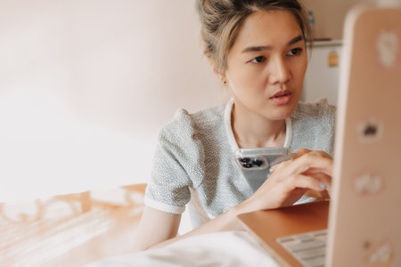 Asian woman online chat with customer. Concept of online selling business.