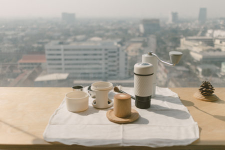Coffee equipment set of manual hand grind and press tools.の写真素材