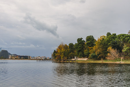 Landscape lake view in autumn. Artificial Lake of Tirana, Albania.の写真素材