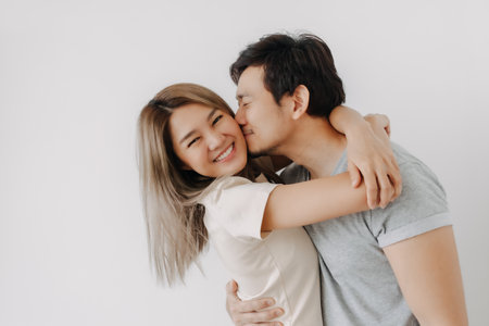 Portrait of lovely couple asian lover isolated on white background.の写真素材