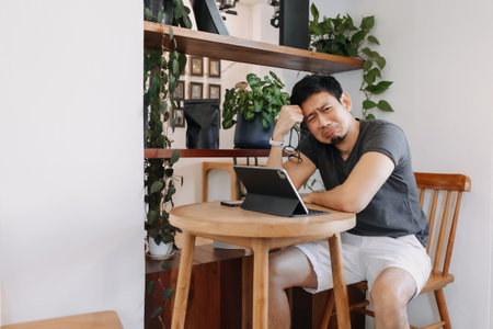 Funny face of sad freelance asian man working in the cafe.の写真素材