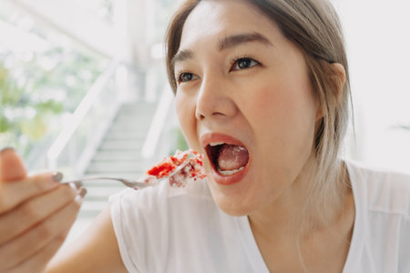 Funny face of happy asian woman eating cake carelessly in the cafe.の写真素材