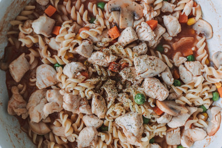 Homemade chicken breast pasta in a pan for high protein and diet recipe.の写真素材