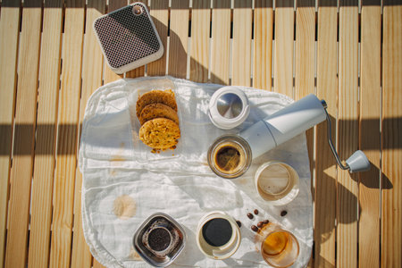 Set of picnic camping with folding chair and table, Manual grinder and coffee press, beautiful...