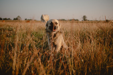 Portrait of cute little dog looking around in the grass field with sunset light.の写真素材