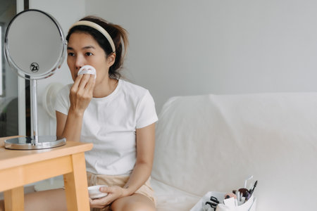 Asian Thai woman using puff and applying powder on her face, sitting on white couch in front of the mirror in room apartment, facial makeup and cosmetic skin concept.の写真素材