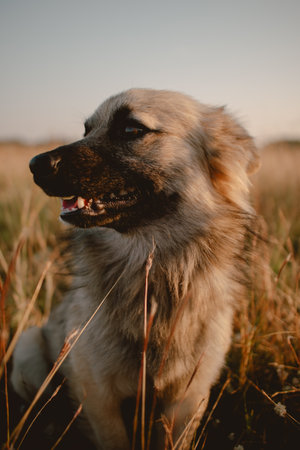 Vertical photo of cute stray dog on the grass field with sunset light.の写真素材