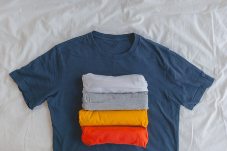 Arranged and packing of various plane simple color t-shirts on white bed.
