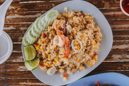 Thai Mixed Seafood shrimps and squids fried rice with lemon and cucumber.の写真素材
