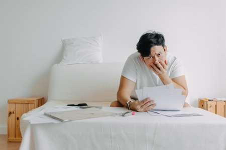 Asian man feeling serious with the paper works and loaning bills account.の写真素材