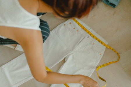 Asian woman is measuring her white jean on the floor of the room.の写真素材