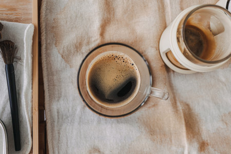 Close up of espresso coffee with tools on the cloth board.の写真素材