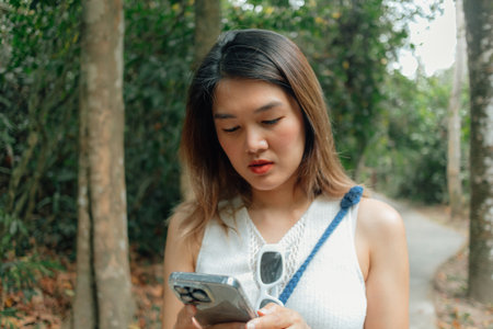 Asian woman feels tired and exhausted walking in the forest preserved park.の写真素材