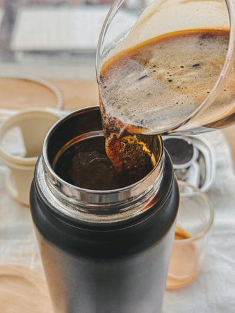 Close up of making espresso french press coffee with equipments and the steps.の写真素材