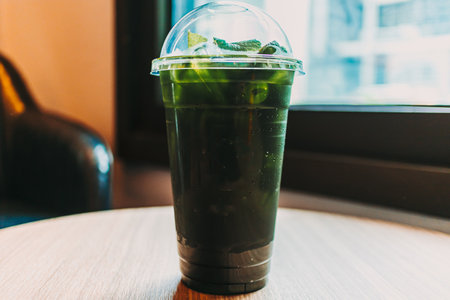 Plastic cup of iced green tea on the table in the cafe.の写真素材