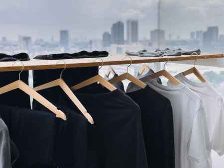 Black and white clothes are hanging at the balcony in the cloudy day.の写真素材