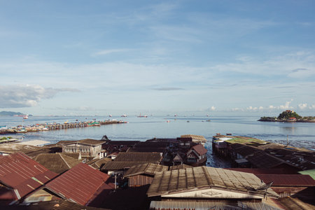 View of sea and the fisherman village at Sriracha, Thailand.の写真素材