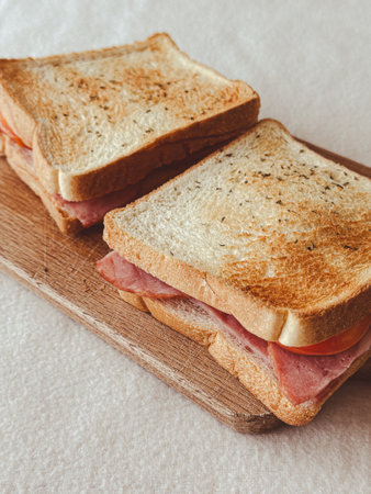 Close up homemade ham cheese sandwiches served on the wooden board.の写真素材