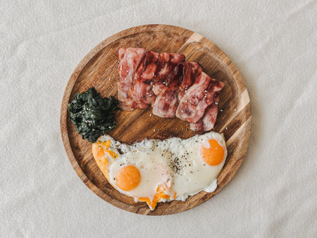 High protein keto diet breakfast meal of bacon spinach and eggs.の写真素材