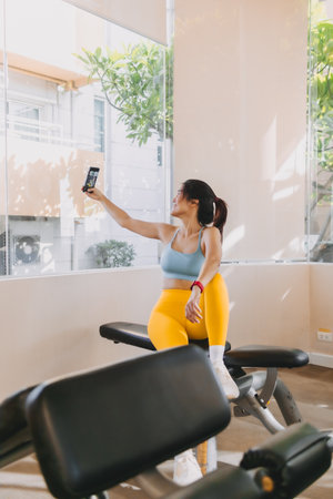 Asian woman in yellow blue fitness taking selfie while resting from training.の写真素材