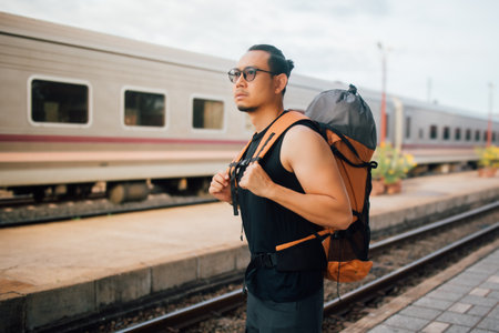 Asian man tourist backpacker stand on the train station platform.の写真素材