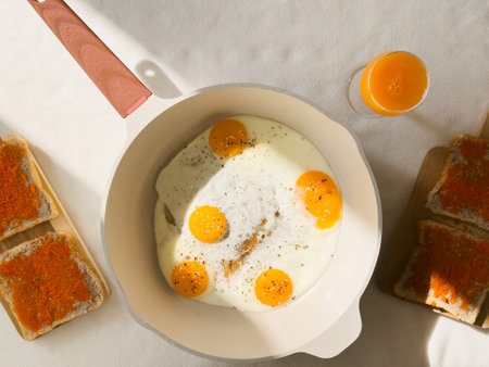 Breakfast set of fried eggs on toast breads in morning light.の写真素材