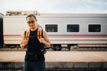Asian man tourist backpacker stand on the train station platform.