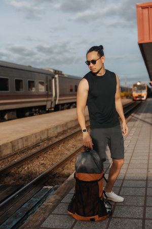 Asian man tourist backpacker waiting for the train in train station.の写真素材