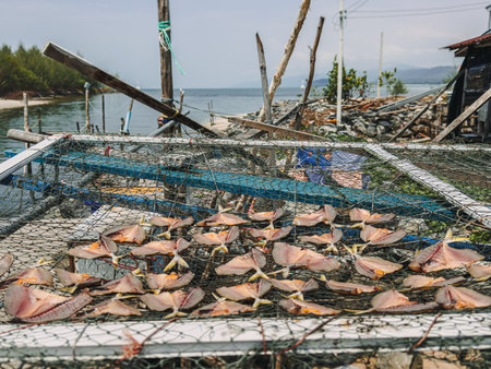Fresh fish dried on the net in the sea village, Asia.の写真素材