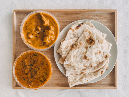 Indian Roti serve with two Chicken Masala curry served on wooden plate.