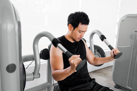 Fit male performing bicep curls using resistance equipment at fitness center
