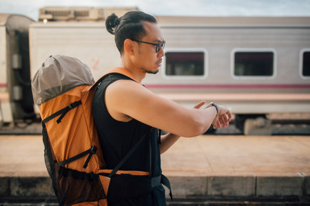 Asian man tourist backpacker look at the watch wait for the train.