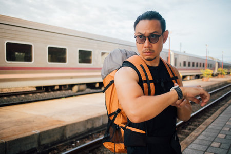 Asian man tourist backpacker look at the watch wait for the train.の写真素材