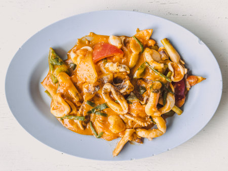 Thai food, Stir-fried Squid with Salted Egg, delicious local dish.の写真素材