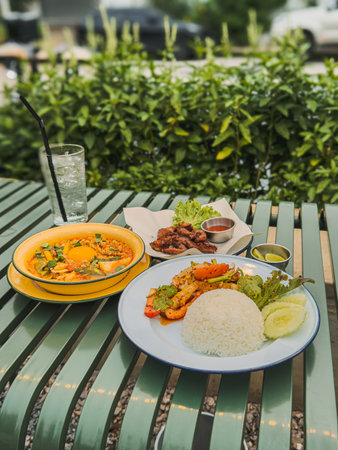 Delicious Asian food set on green table with rice, soup, grilled meat and herbsの写真素材