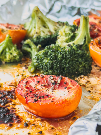 Healthy vegetables like tomato and broccoli grilled on metal tray with herbsの写真素材