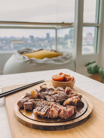Beef steak medium rare with tomato on wooden plate in cozy room.の写真素材