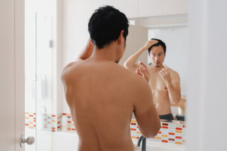 Shirtless Thai male styling hair in front of bathroom mirror at homeの写真素材