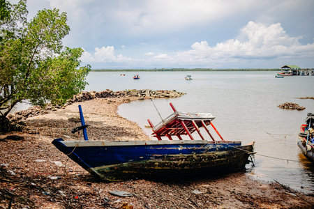 Traditional boats stranded on coastal mudflats near green trees and skyの写真素材
