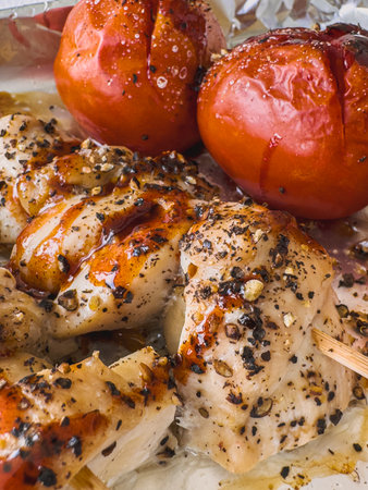 Well-seasoned grilled chicken with roasted tomatoes on foil trayの写真素材